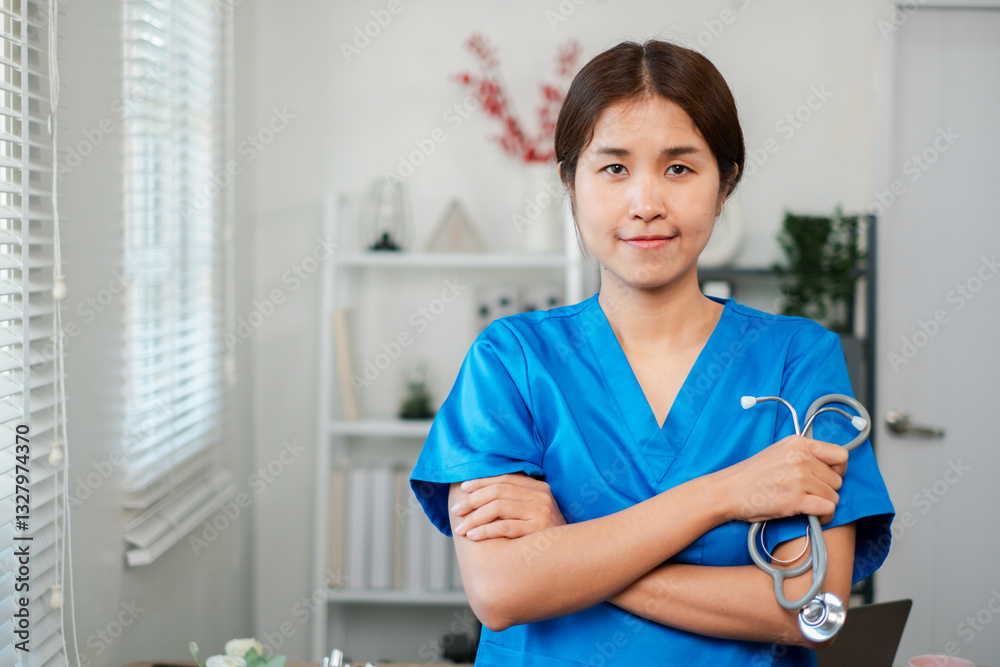 Professional nurse in blue uniform with stethoscope, standing confidently in a bright medical office environment. Professional nurse in blue uniform with stethoscope, standing confidently in a bright medical office environment.