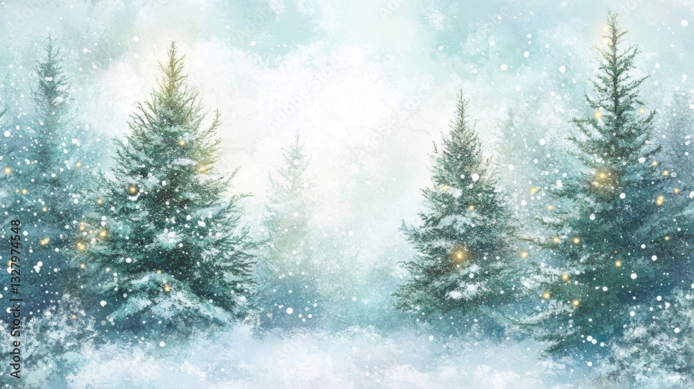Snowy Winter Forest with Illuminated Christmas Trees Snowy Winter Forest with Illuminated Christmas Trees