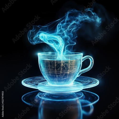 Futuristic Holographic Coffee: Steam Art, Sci-Fi Brew, Cyber Cafe, Digital Drink, Steamwave Coffee  