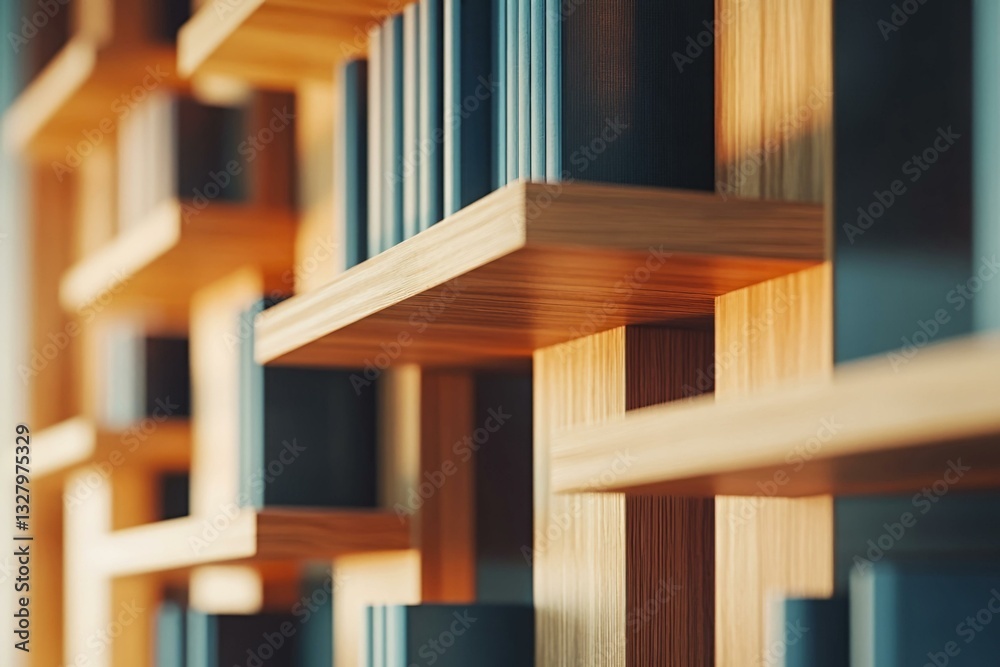 Fototapeta premium Modern minimalist library interior with geometric wooden bookshelves and natural lighting.
