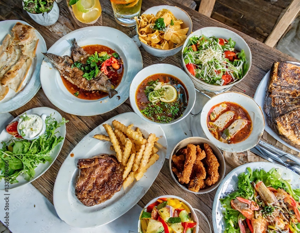Top View of a Large Assortment of Delicious Foods Featuring Tofu Salad, Beef Steak, Pizza, Crab Soup, Fish and Chips, and Grilled Chicken Top View of a Large Assortment of Delicious Foods Featuring Tofu Salad, Beef Steak, Pizza, Crab Soup, Fish and Chips, and Grilled Chicken