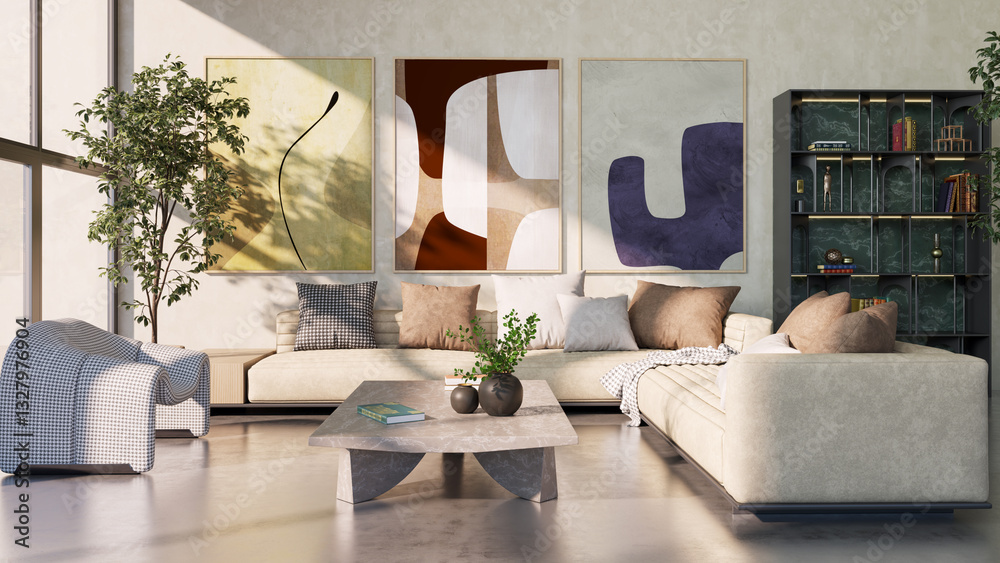 Fototapeta premium Large luxury modern bright interiors Living room mockup illustration 3D rendering image