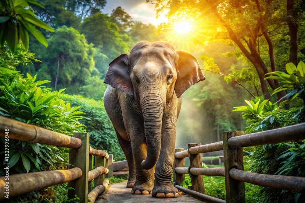 Fototapeta premium Majestic Asian Elephant Behind Wooden Fence in Lush Zoo Habitat