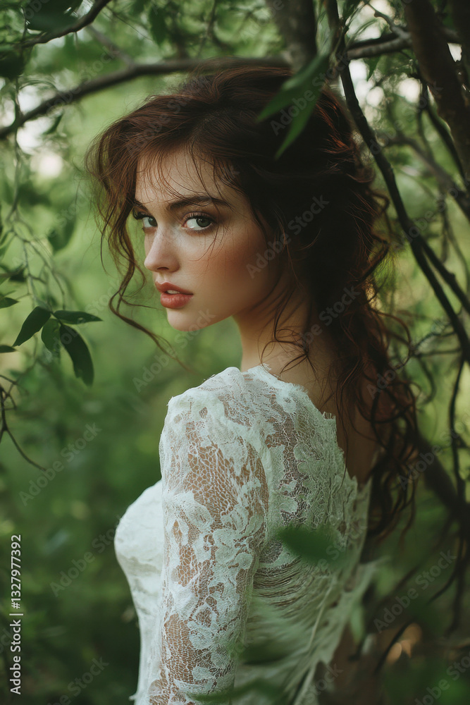 Young Caucasian woman in a lace dress amidst lush greenery, gazing serenely, creating a mystical woodland atmosphere. Young Caucasian woman in a lace dress amidst lush greenery, gazing serenely, creating a mystical woodland atmosphere.