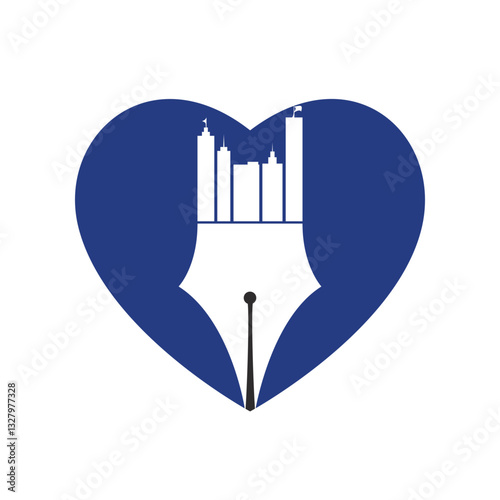 Creative concept with pen and city skyline logo design. Commercial buildings construction symbol.	
