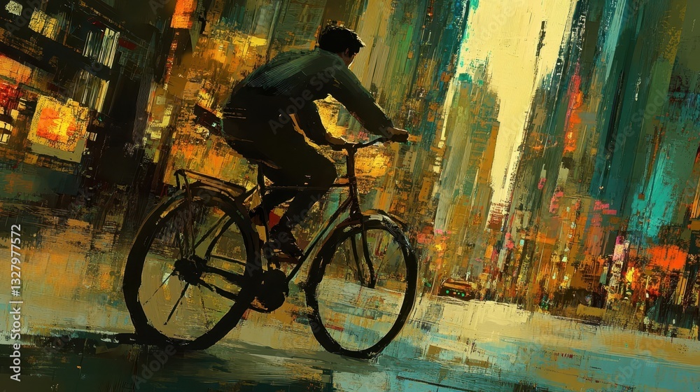 A person riding a bicycle through a busy city street A person riding a bicycle through a busy city street