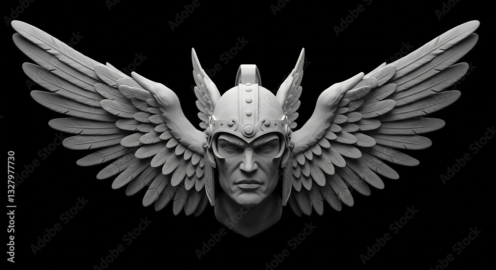 Fototapeta premium Dramatic winged warrior bust monochrome sculpt. AI Generated
