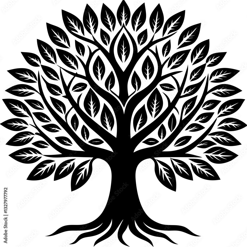 Obraz premium Black and white illustration stylized tree silhouette in white background