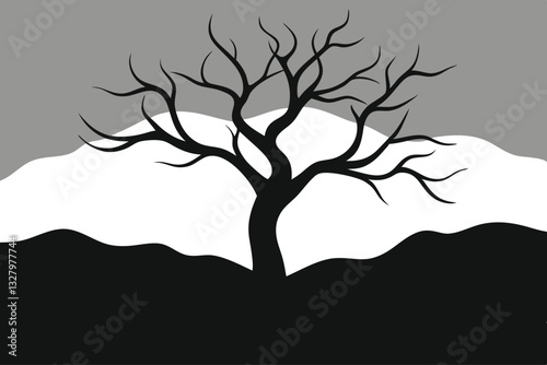 A skeletal tree standing alone on a desolate plain, its gnarled branches reaching towards the void