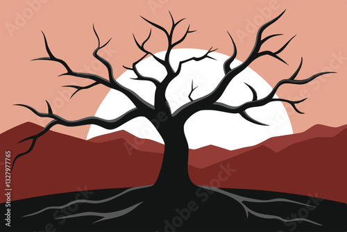 A skeletal tree standing alone on a desolate plain, its gnarled branches reaching towards the void