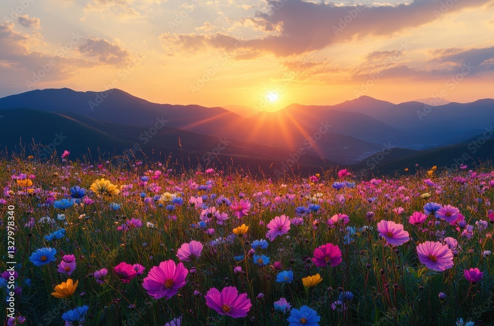 Vibrant Blooming Wildflowers Under a Colorful Sunset Sky in a Serene Mountain Landscape with Soft Light and Bursting Colors Vibrant Blooming Wildflowers Under a Colorful Sunset Sky in a Serene Mountain Landscape with Soft Light and Bursting Colors
