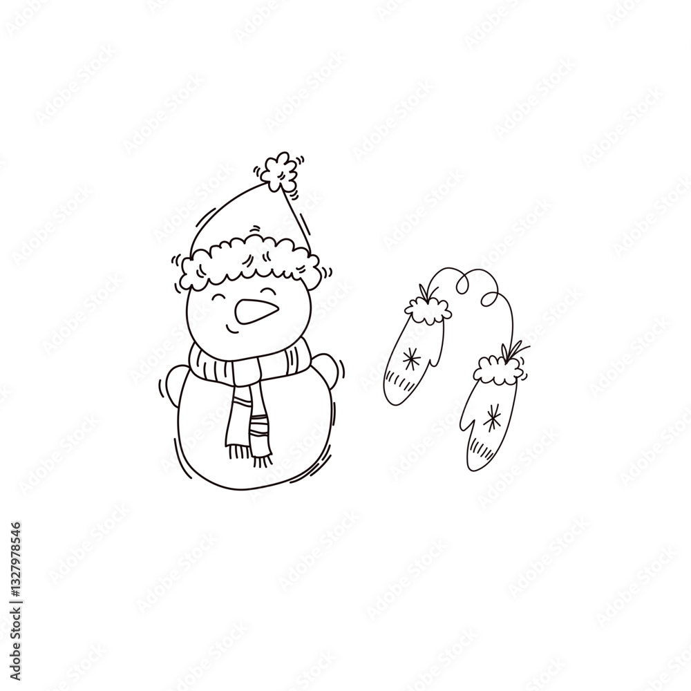 Cute hand-drawn winter illustration featuring a smiling snowman in a hat and scarf alongside cozy mittens. Perfect for Christmas, holiday cards, coloring pages, and festive decorations. Cute hand-drawn winter illustration featuring a smiling snowman in a hat and scarf alongside cozy mittens. Perfect for Christmas, holiday cards, coloring pages, and festive decorations.
