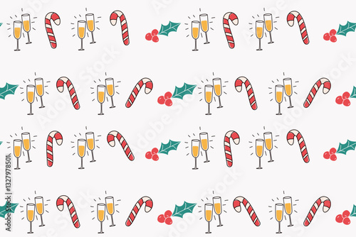Seamless Christmas pattern with candy canes, champagne glasses, and holly berries on a white background. Festive and minimalistic design perfect for wrapping paper, textiles, and holiday decorations.