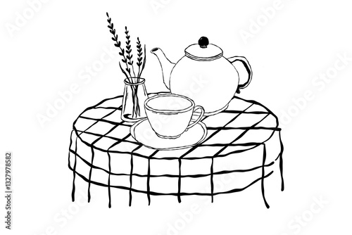 Hand-drawn black and white illustration of a teapot, a cup on a saucer, and a vase with flowers on a checkered tablecloth. Vintage-style sketch, ideal for tea lovers, cafes, and cozy home decor.