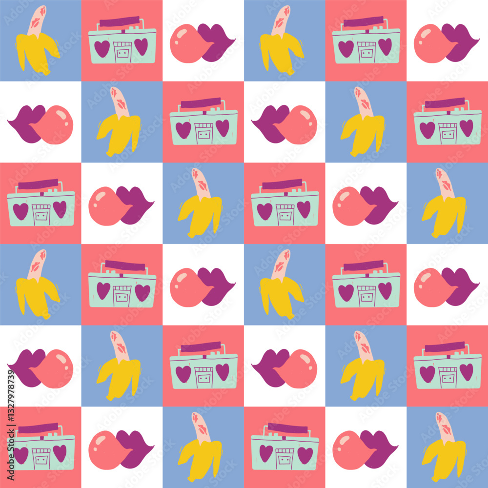 Bright seamless pattern with bananas, lips, boomboxes, and grids in a retro style. Bright seamless pattern with bananas, lips, boomboxes, and grids in a retro style.