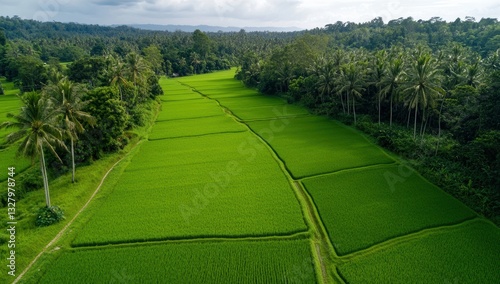 Wallpaper Mural Lush green rice fields in a tropical landscape with palm trees and scenic view of natural beauty captured from above Torontodigital.ca