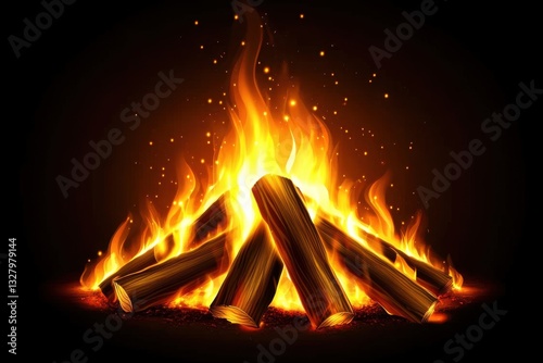 Bright Campfire Flame with Burning Logs in Dark Background