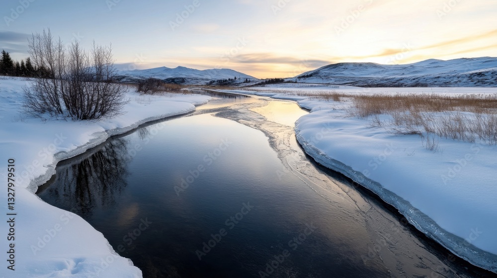 A frozen river winding through a snow-covered landscape, reflecting soft winter light A frozen river winding through a snow-covered landscape, reflecting soft winter light