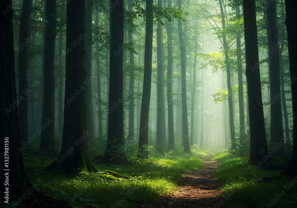 Obraz premium Mystical Forest Path: Soft light filters through ancient trees creating a serene atmosphere. AI Generated