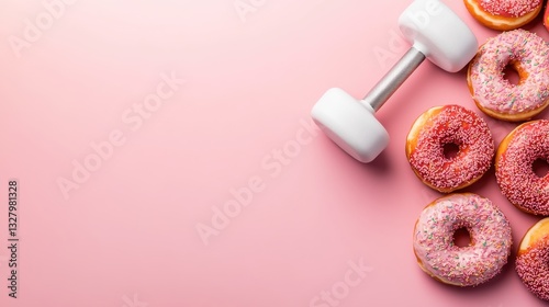 A dumbbell is placed next to several decorated donuts on a pink background, blending elements of fitness and sweet treats