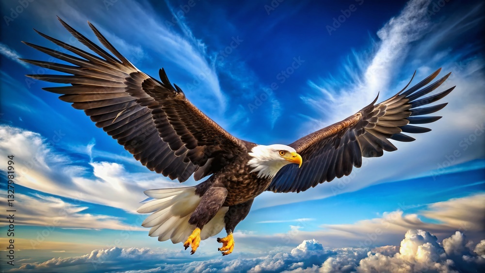 Fototapeta premium Majestic Eagle Soaring High in a Clear Blue Sky - Freedom, Strength, and Power in Nature