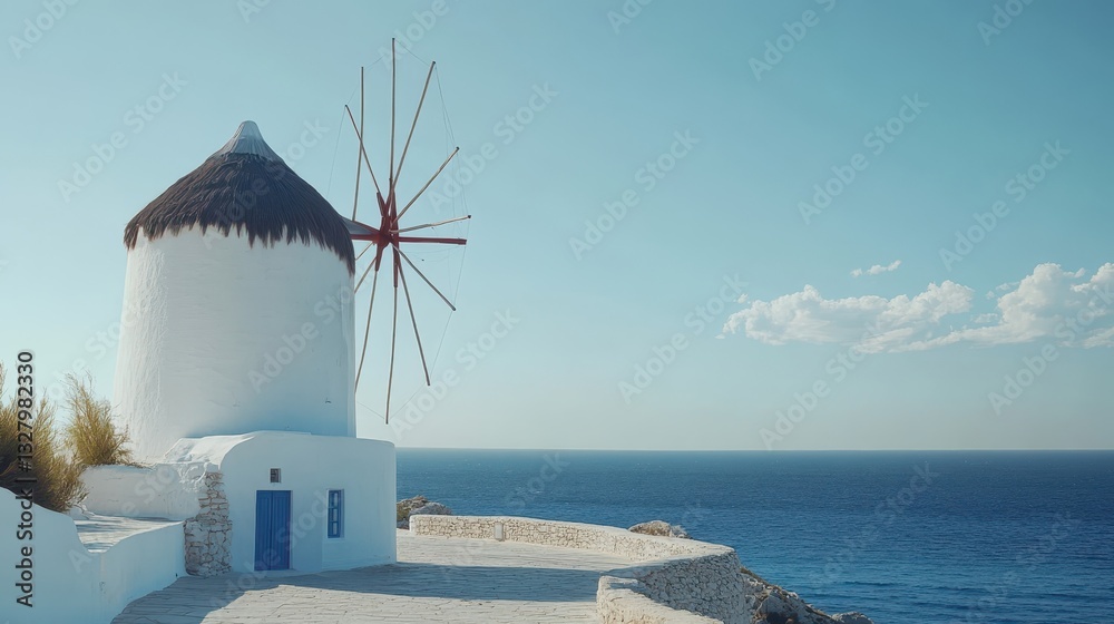 A white traditional windmill sits by the shimmering blue ocean