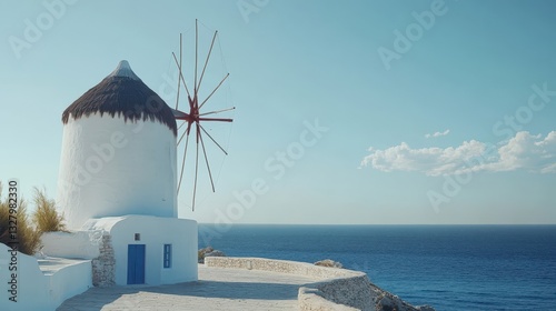 Obraz na płótnie A white traditional windmill sits by the shimmering blue ocean w salonie