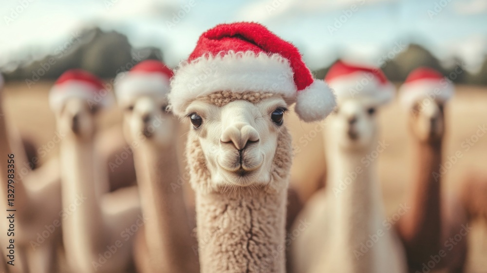 Fototapeta premium A group of cheerful alpacas with Santa hats stands in a bright field, celebrating the festive holiday spirit together in nature