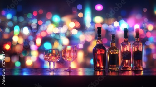 Elegant Nightlife Scene Featuring Assorted Bottles of Whiskey and Cognac with Bokeh Lights Creating a Vibrant Atmosphere for Upscale Evening Gatherings