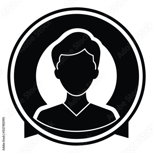 Minimalist avatar icon, circular design, black and white, silhouette profile, generic male figure, simple haircut, no facial features, clean lines, high contrast, flat graphic style, vector art, user 
