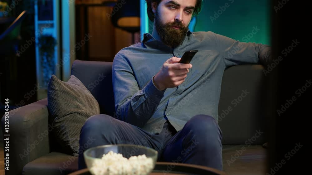 Man sitting on couch browsing though movies available on streaming service, enjoying time off from work. Person in apartment using remote control to switch channel on television set, camera A Man sitting on couch browsing though movies available on streaming service, enjoying time off from work. Person in apartment using remote control to switch channel on television set, camera A