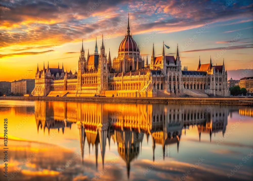 Obraz premium Majestic Hungarian Parliament Building at Sunset, Budapest, Hungary