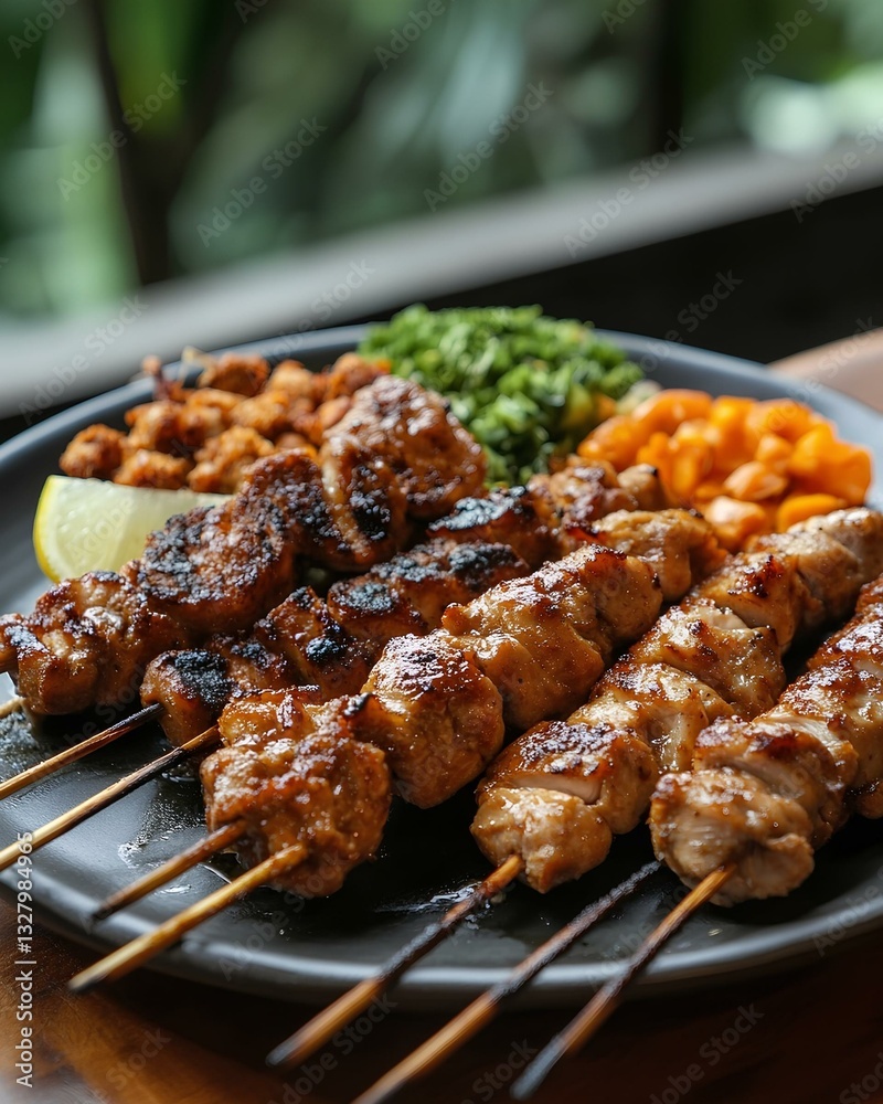 grilled chicken kebab with stick on plate on table background grilled chicken kebab with stick on plate on table background