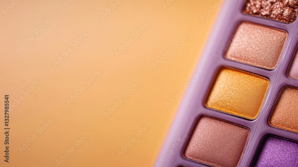 Fototapeta premium Shimmering eyeshadow palette features bright yellow, orange, and purple shades arranged in a grid, ideal for makeup enthusiasts