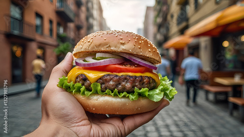 Close-up shot of hands holding a juicy, freshly grilled burger with melted cheese, crispy lettuce, and tomato
