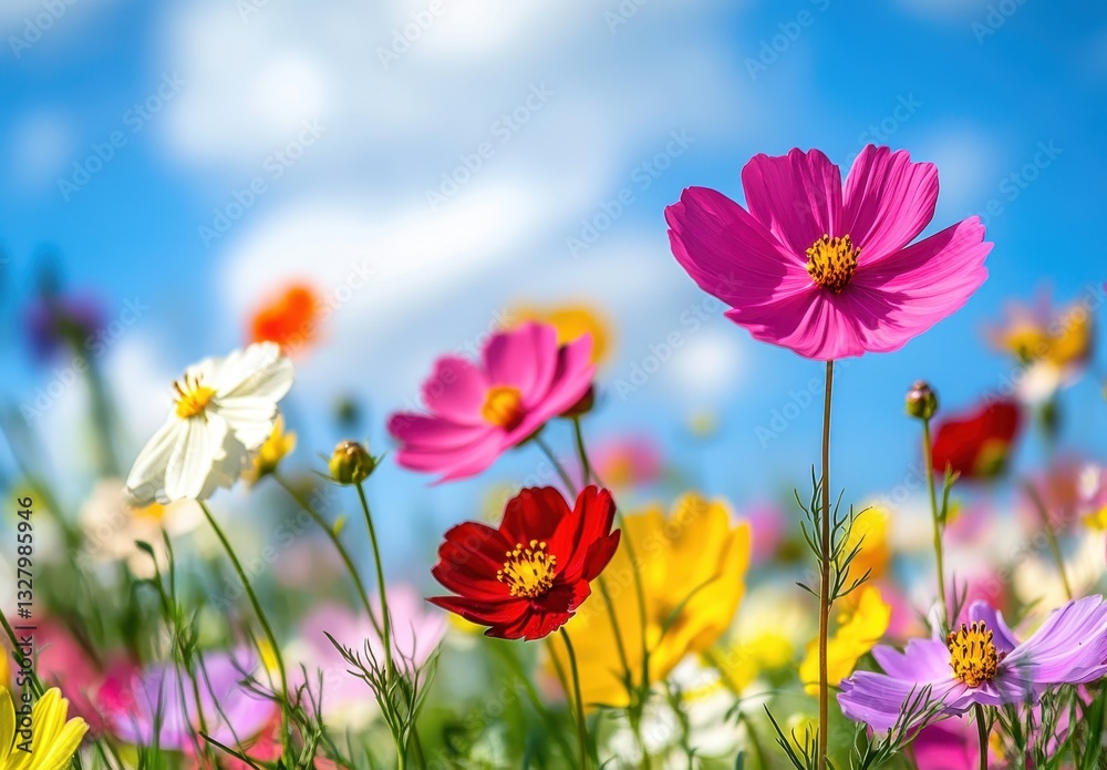 Vibrant Field of Colorful Cosmos Flowers with Blue Skies and Soft Clouds in the Background on a Sunny Day in Spring Vibrant Field of Colorful Cosmos Flowers with Blue Skies and Soft Clouds in the Background on a Sunny Day in Spring