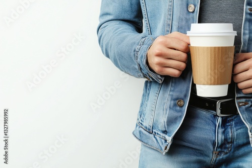 Person Holding Coffee Cup in Casual Outfit Against Plain Background