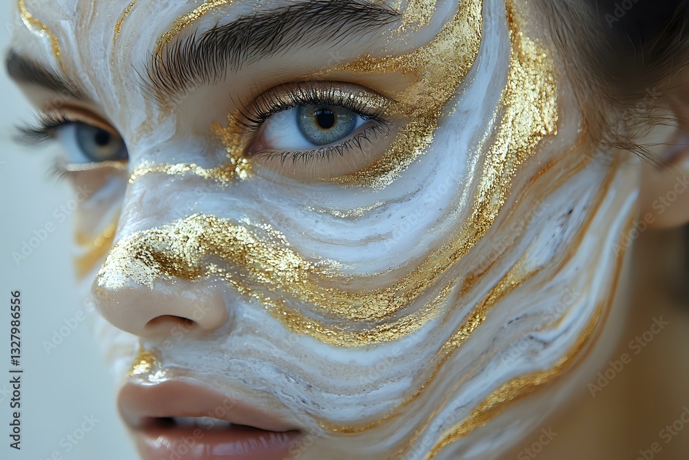 Naklejka premium Close up portrait of young woman with white and gold luxury creative makeup, marble swirl pattern on face with golden glitter and metallic elements.