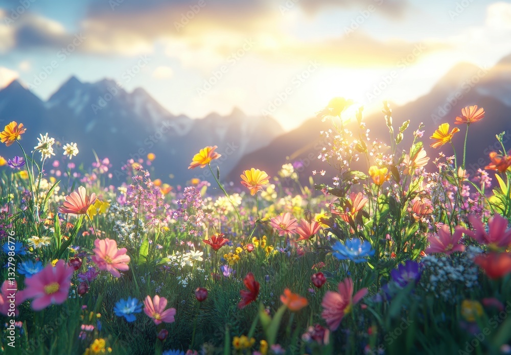 Obraz premium Vibrant Field of Colorful Wildflowers Against Majestic Mountain Landscape Bathed in Golden Sunrise Light