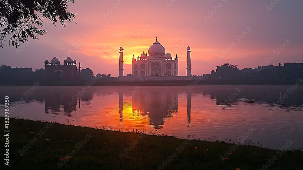 Fototapeta premium Taj Mahal Sunset Reflection Stunning India Landscape Photo