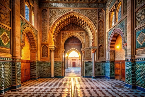 Majestic Moorish Archway Entrance to Marrakech Mosque, Ornate Islamic Architecture, Intricate Stone Carving, Latticed Windows, Morocco