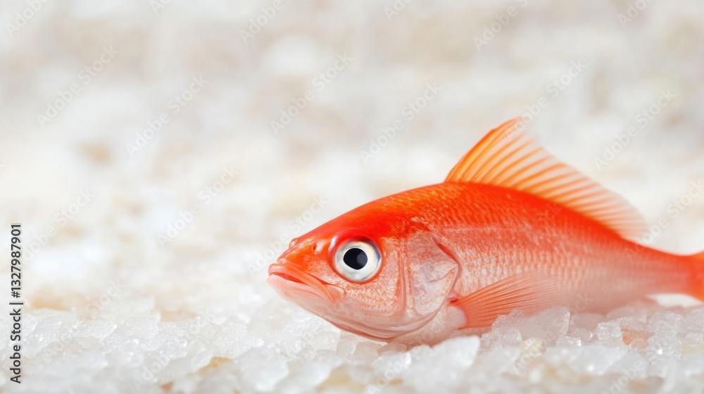 Obraz premium A bright goldfish lies on a bed of salt, showcasing its vivid orange coloration and a distinct eye, reflecting natural marine beauty
