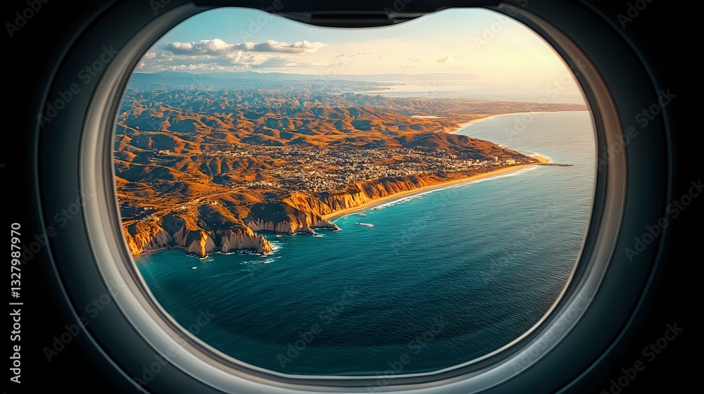 Naklejka premium Aerial coastal landscape view through airplane window, dramatic cliffs meeting turquoise ocean waters at sunset, mountainous shoreline with golden light illuminating rugged terrain.
