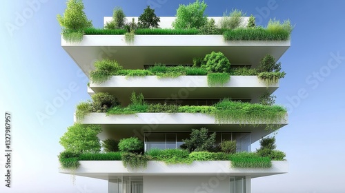 Modern Green Balcony Building with Plants, Sky, and Architectural Design