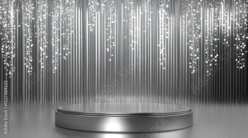 Sleek Silver Stage Surrounded by Shimmering Elements Offering an Exquisite Setting for Modern Performances and Events