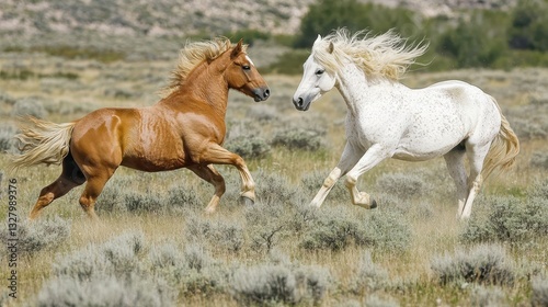 Two beautiful horses gallop through the open grassy landscape environment