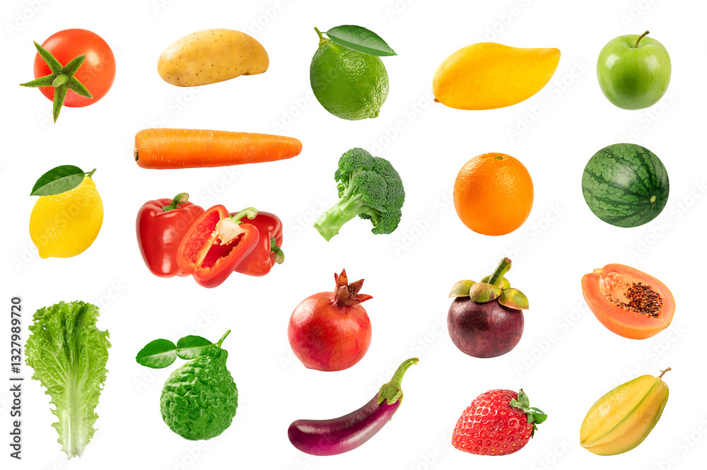 Fruits and vegetables collection isolated on white background. Fruits and vegetables collection isolated on white background.
