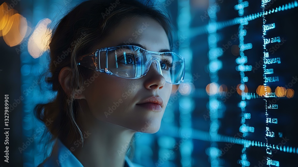 Young Asian female data scientist wearing protective glasses analyzes digital information display with glowing blue numbers and code in modern office environment.