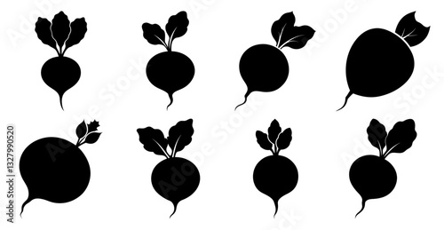Collection of Beetroot Silhouettes, Various shapes and styles of black beetroot icons isolated on white background. Perfect for healthy food, farm, or vegan designs.