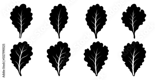 Set of eight black kale leaf silhouettes. Perfect for healthy eating, vegan, vegetarian, or farm to table designs.
